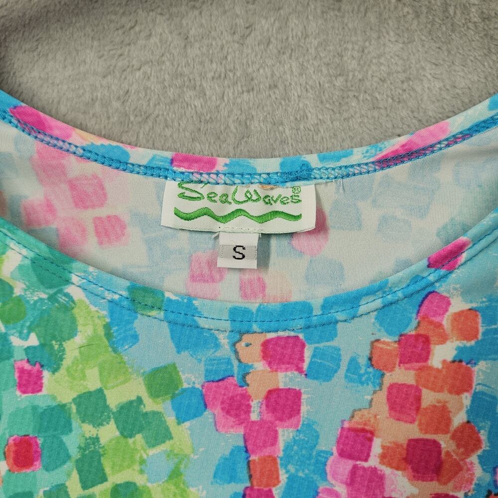 Sea Waves T Shirt Dress Womens Sz S Blue Pink Knee Length Beach Summer Vacation - Picture 5 of 10